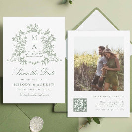 Classic Floral Crest Sage Green Wedding Photo Save The Date
