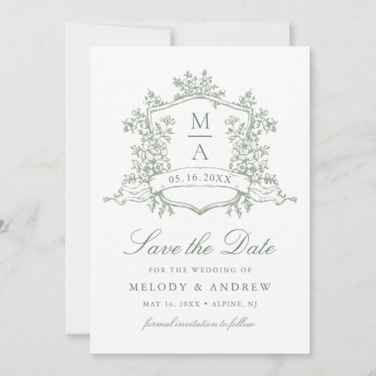 Classic Floral Crest Sage Green Wedding Save The Date (Voorkant)