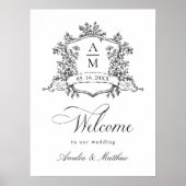Classic Floral Crest Zwart & Wit Huwelijk Welkom Poster (Voorkant)