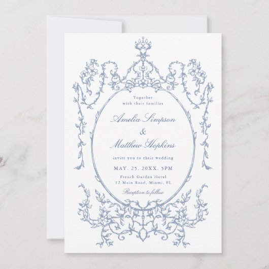 Classic Floral Frame Dusty Blue Wedding            Kaart (Voorkant)