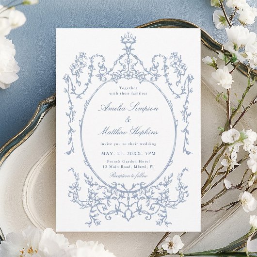 Classic Floral Frame Dusty Blue Wedding Kaart