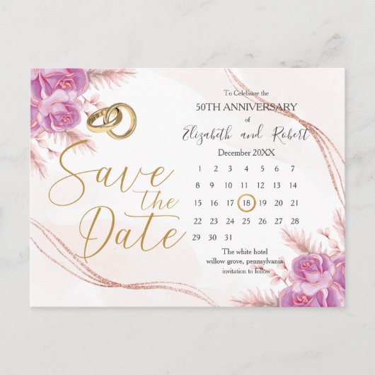 Classic Floral Gold 50e Jubileum Save the Date Aankondigingskaart (Voorkant)