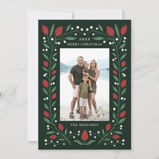 Classic Floral Lijst Christmas Foto | Groen Feestdagenkaart (Voorkant)