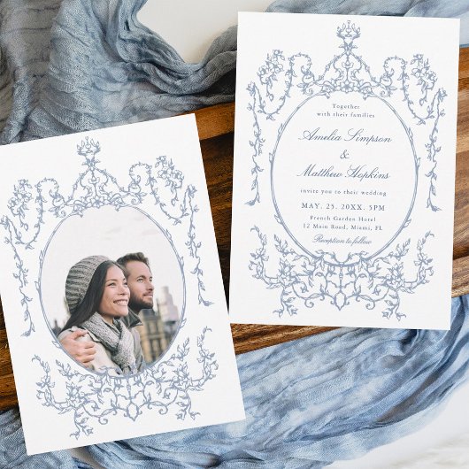 Classic Floral Lijst Dusty Blue Wedding Photo Kaart