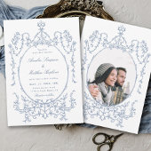 Classic Floral Lijst Dusty Blue Wedding Photo Kaart