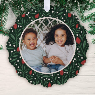 Classic Floral Lijst Foto Kerst   Groen Ornament Kaart
