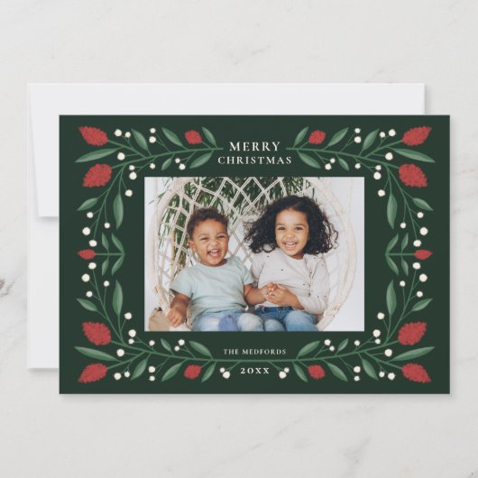 Classic Floral Lijst Horizontale Kerstfoto Feestdagenkaart (Voorkant)
