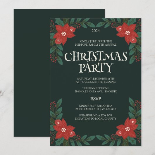 Classic Floral Lijst Kerstfeest Uitnodiging (Voorkant / Achterkant)