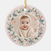 Classic Floral Lijst Roze Baby's eerste kerst Keramisch Ornament (Voorkant)