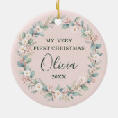 Classic Floral Lijst Roze Baby's eerste kerst Keramisch Ornament (Achterkant)