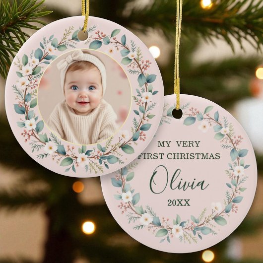 Classic Floral Lijst Roze Baby's eerste kerst Keramisch Ornament