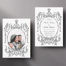 Classic Floral Lijst Zwart & Wit Trouwfoto Kaart