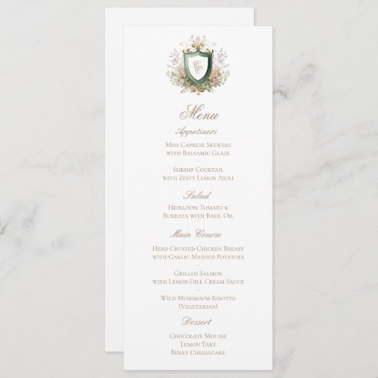 Classic Floral Monogram Crest Wedding Menu Card (Voorkant / Achterkant)