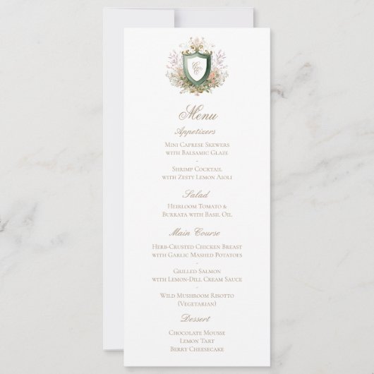 Classic Floral Monogram Crest Wedding Menu Card (Voorkant)
