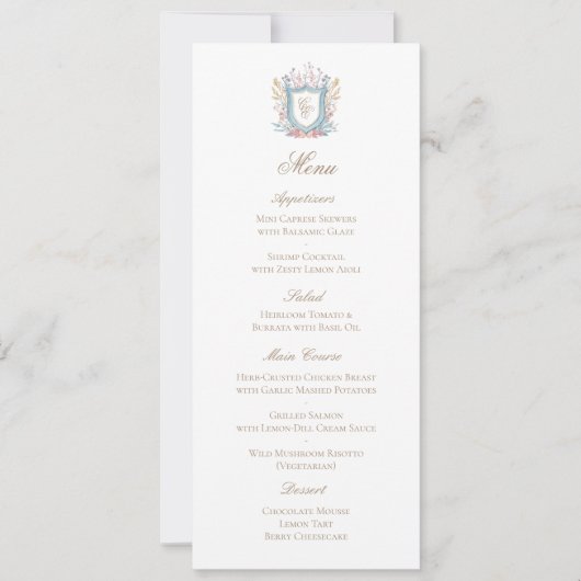 Classic Floral Monogram Crest Wedding Menu Card (Voorkant)