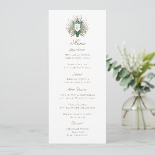 Classic Floral Monogram Crest Wedding Menu Card (Staand voorkant)