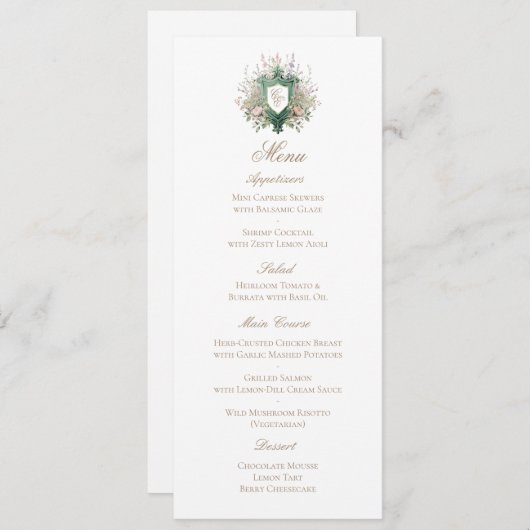 Classic Floral Monogram Crest Wedding Menu Card (Voorkant / Achterkant)