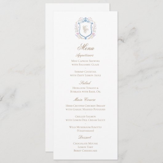 Classic Floral Monogram Crest Wedding Menu Card (Voorkant / Achterkant)