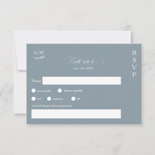 Classic floral monogram dusty blue bruiloft RSVP kaartje (Voorkant)