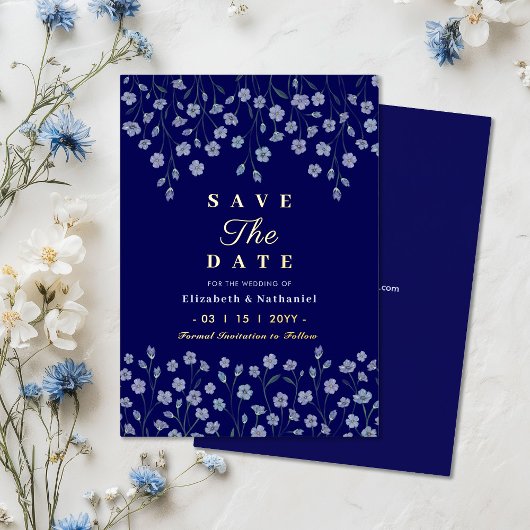 Classic Floral Navy Gold Wedding Save the Date Folie Uitnodiging