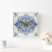 Classic Floral Tegel Pat#13 Blauw Groen ID1078 Vierkante Klok (Huis)
