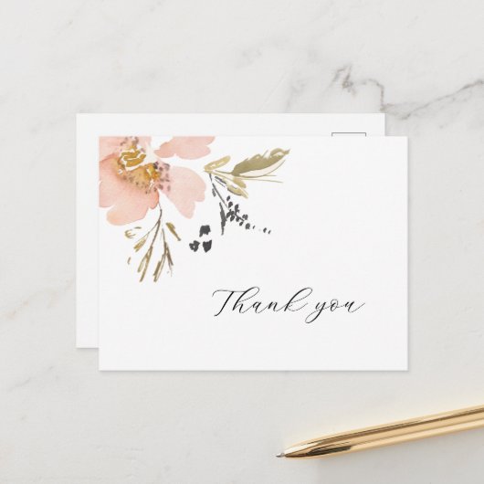 Classic Floral Waterverf Script Hartelijk dank Briefkaart (Voorkant / Achterkant in situ)