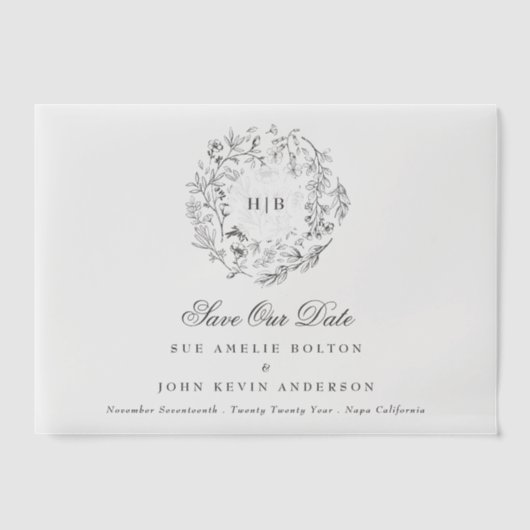 Classic Floral Wreath Monogram Save the Date Vellum Uitnodigingen (Voorkant)