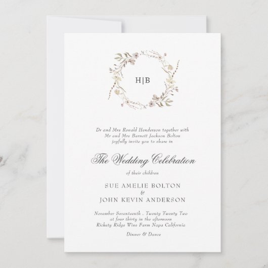 Classic Floral Wreath Monogram Surname Wedding  Kaart (Voorkant)