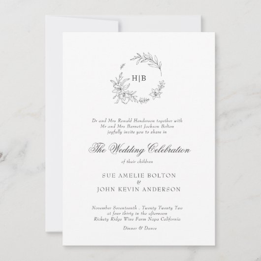 Classic Floral Wreath Monogram Wedding Kaart (Voorkant)