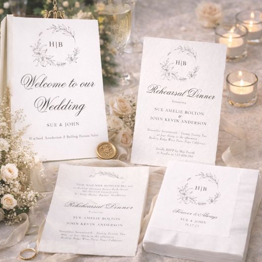 Classic Floral Wreath Monogram Wedding Kaart