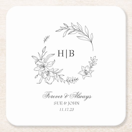 Classic Floral Wreath Monogram Wedding Kartonnen Onderzetters (Voorkant)