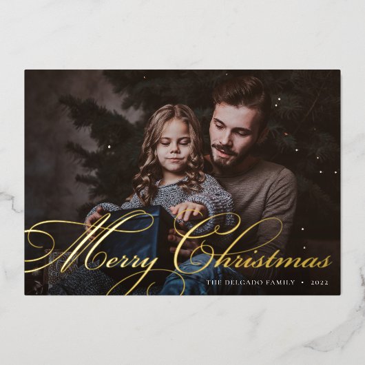 Classic Flourish | Kerstafoto Merry Folie Feestdagenkaart (Voorkant)