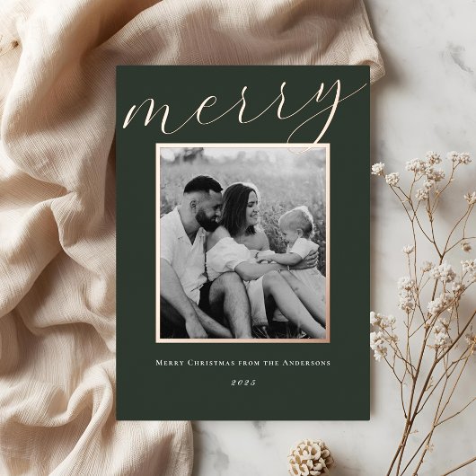 Classic Forest Green en Gold Lijst Familiefoto Folie Feestdagenkaart