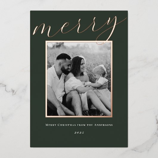 Classic Forest Green en Gold Lijst Familiefoto Folie Feestdagenkaart (Voorkant)