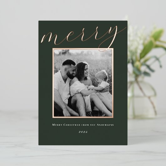 Classic Forest Green en Gold Lijst Familiefoto Folie Feestdagenkaart (Staand Voorkant)