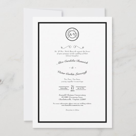 Classic Formal Black White Weddenemonogram Kaart (Voorkant)