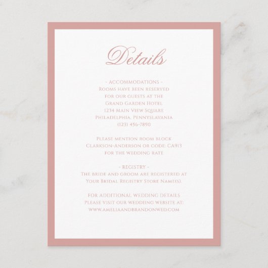 Classic Formal Dusty Rose Script Wedding Details Informatiekaartje (Voorkant)
