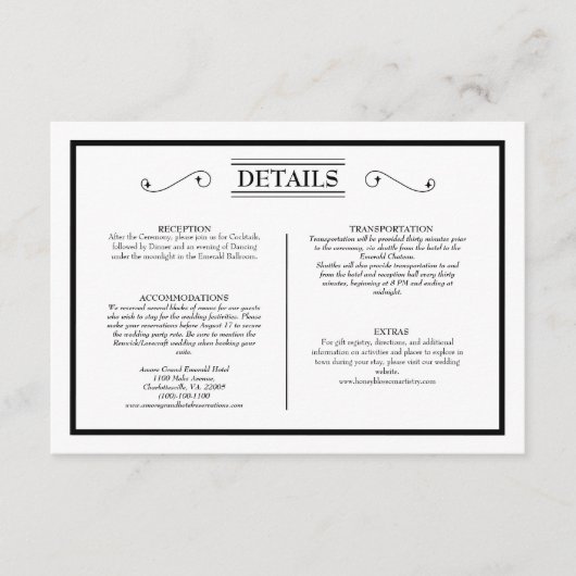 Classic Formal White Black Weddenschap - Gegevens Informatiekaartje (Voorkant)