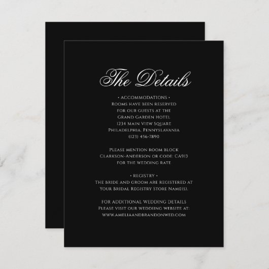 Classic Formal Zwart Monogram Bruiloft Details Informatiekaartje (Voorkant / Achterkant)
