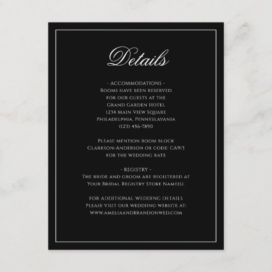 Classic Formal Zwart & Wit Bruiloft Details Informatiekaartje (Voorkant)