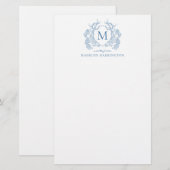 Classic Franse Blauwe Bloemen  Crest Monogram Briefpapier (Voorkant / Achterkant)