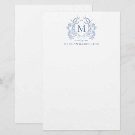 Classic Franse Blauwe Bloemen  Crest Monogram Briefpapier (Voorkant / Achterkant)
