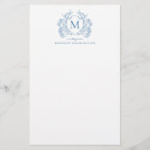 Classic Franse Blauwe Bloemen  Crest Monogram Briefpapier (Voorkant)