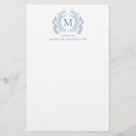 Classic Franse Blauwe Bloemen  Crest Monogram Briefpapier