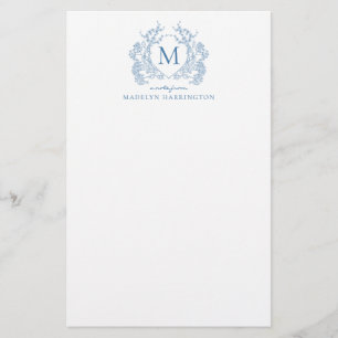 Classic Franse Blauwe Bloemen  Crest Monogram Briefpapier