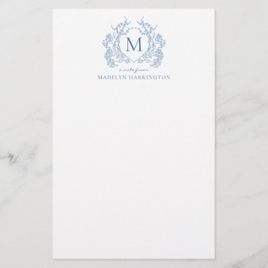 Classic Franse Blauwe Bloemen  Crest Monogram Briefpapier (Voorkant)