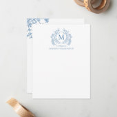 Classic Franse Blauwe Bloemen  Crest Monogram Notitiekaartje (Voorkant / Achterkant in situ)