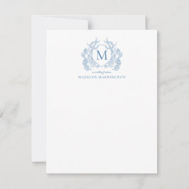 Classic Franse Blauwe Bloemen  Crest Monogram Notitiekaartje