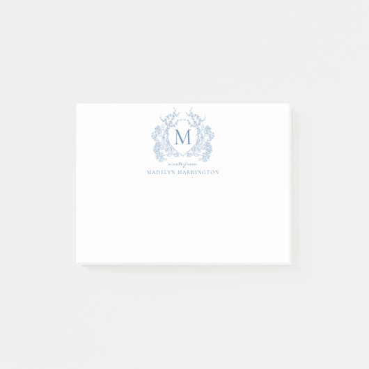 Classic Franse Blauwe Bloemen  Crest Monogram Post-it® Notes (Voorkant)