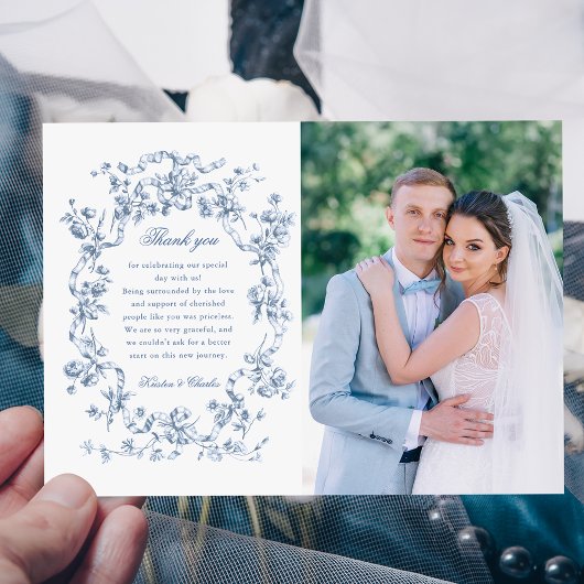 Classic French Blue Flowers & Ribbons Photo Bedankkaart